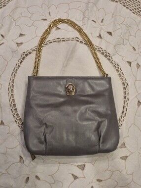 Vintage Ruth Saltz Gray Leather Shoulder Bag with Gold Chain, Cougar Motif